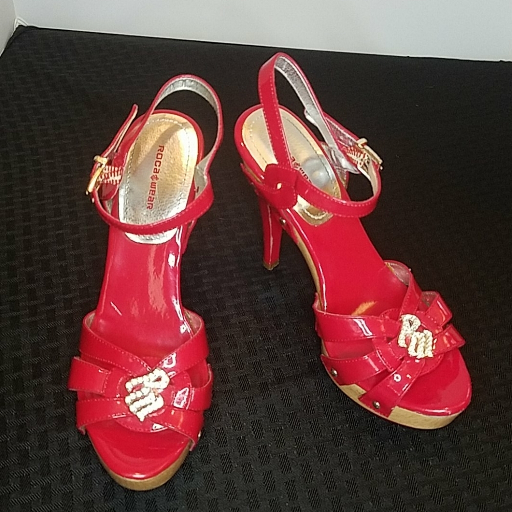 Rocawear Valentina Red Silver Wooden Heels Size 6 - Picture 1 of 7